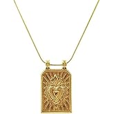 HXFIZQQ 18k Gold Plated Vintage Heart Necklace, Stainless Steel Tag Pendant with Sunburst Design, Boho Tarot Inspired Layering Jewelry for Women