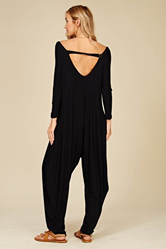 Annabelle Women's Long Sleeve Comfy Harem V-Neck Romper Jumpsuits Large Black JC6008A