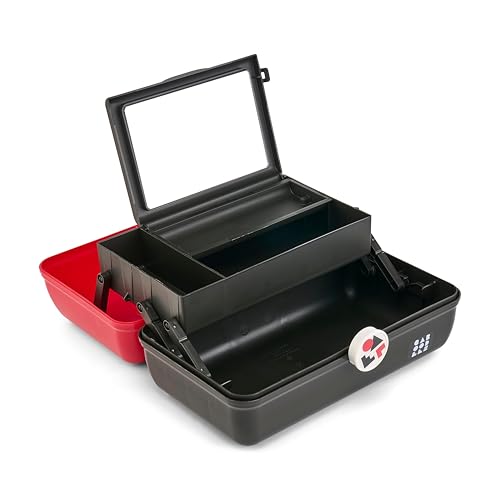 Caboodles School Spirit On-The-Go Girl Makeup Box, Red Over Black, Hard Plastic Makeup Organizer Box, Built-In Mirror, Secure Latch for Safe Travel, Spacious Storage for Large Items