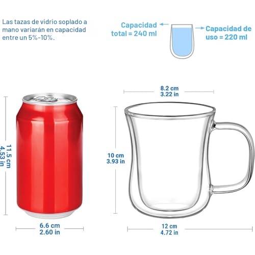 ecooe Set of 2 Double Walled Coffee Cups for Latte Macchiato - Borosilicate Glass, 2 Pack, 240 ml, with Handle for Cappuccino, Tea, Ice, Milk, Beer