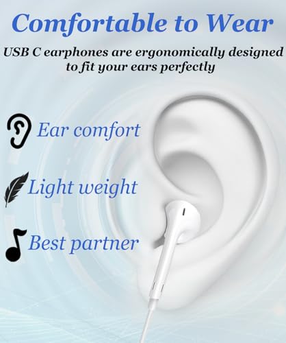 USB C Headphones for iPhone 17-2 Pack Type C Earphones for iPhone 15/16 Pro Max/Plus USB C Headphones Built-In Microphone and Volume Control Wired Earphones USB C for Galaxy S23/22/21/20 Ultra-White