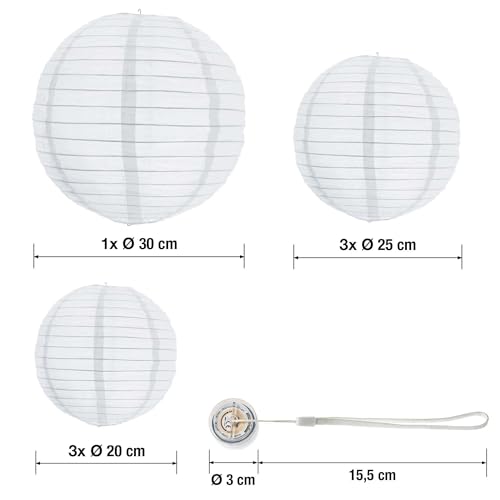 Hellum Lanterns Outdoor Weatherproof Set of 7 with Warm White LED and Battery, 1 x Diameter 30 cm, 3 x Diameter 25 cm, 3 x Diameter 20 cm, White Lanterns with Remote Control, Lanterns for Outdoors, LED Lanterns, Outdoor Wedding Decoration 150889