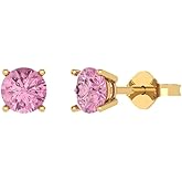 14K Yellow Gold Plated 925 Sterling Silver Push Back Dainty Stud Earrings for Women - 1 cttw Round Cut Simulated Pink Diamond