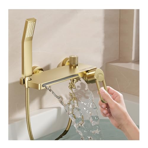 SWHC Bath Faucet with Shower, Waterfall Bath Mixer Tap Hot or Cold Shower Tap Wall Mounted Brushed Gold Bathroom Bath Tap Brass