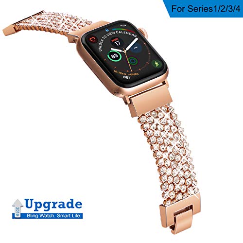 FresherAcc Compatible with Apple Watch Band 40mm 38mm iWatch Bands Series 4 3 2 1 Women Girls, Crystal Rhinestone Replacement Strap, Mesh Chain Jewelry Wristband (38mm/40mm Rose Gold) - Thumbnail 2