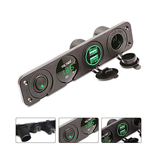 MASO Dual USB Socket Charger 2.1A&2.1A + LED Voltmeter + 12V Power Outlet + ON-OFF Toggle Switch 4 in 1 Multi-function Panel for Truck Trailer Camper Motorhome Marine Car Boat Mobiles (Green)