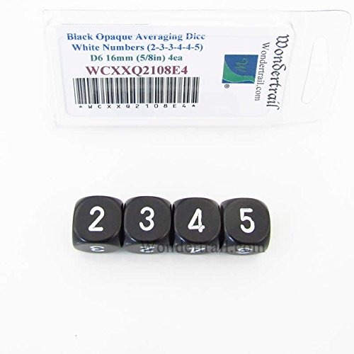 Black Opaque Dice with White Numbers D6 Averaging Dice 16mm (5/8in) Pack of 4 Wondertrail