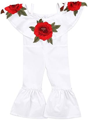 Baby Girls Off Shoulder 3D Rose Romper Halter Jumpsuit Bell-Bottomed Pants Summer Cotton Clothes