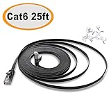 Cat 6 Ethernet Cable 25 ft Flat, Durable Internet Network Lan Patch Cord, Sturdy Cat6 High Speed Computer RJ45 Wire for Router, Modem, PS Xbox, Gaming, Switch, TV, Video- Faster Than Cat5e/Cat5, Black