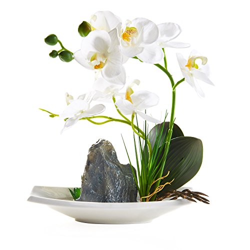 Artificial Phaleanopsis Arrangement with Vase Decorative Orchid Flower Bonsai Rockery Series (White)