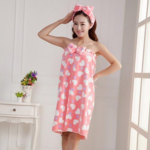FUJINET Women Absorbent Microfiber Shower Spa Body Wrap Bath Towel With Bow Headband Pink With Hearts