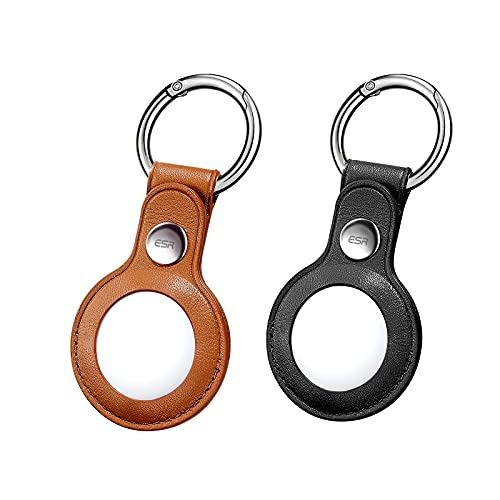 ESR Tag Keychain, Leather Case Compatible with AirTag (2021), 2 Pack, Genuine Leather Tag Holder, Portable Protective Cover, Keeps Signal Strong, Black/Brown