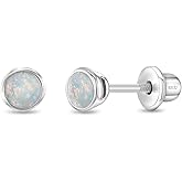925 Sterling Silver Bezel Set Simulated Opal Safety Screw Back Earrings For Toddler and Little Girls - Children's Small Simulated Opal Studs - Dainty Screwbacks for Toddler Girls