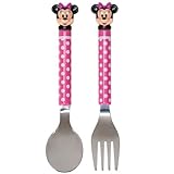 1 X Minnie Mouse Disney Polka Dot Pink & White Flatware Silverware Spoon & Fork Set Kids Toddlers