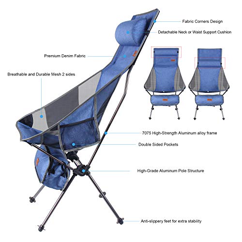 RISEPRO Denim Outdoor Camping Stuhl Tragbare leichte Klappstühle mit Kopfstütze und doppelseitiger Tasche mit hoher Rückenlehne für Rucksacktouren im Freien, Wandern, Reisen, Picknickfischen – Bild 3