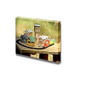 Canvas Prints Wall Art - Miniature The Old Town with Train, Railway Station, Water Tower and Houses. - 12" x 18"