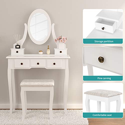 Mecor Vanity Table Oval Mirror,Makeup Vanity Set Cushioned Stool Wood
