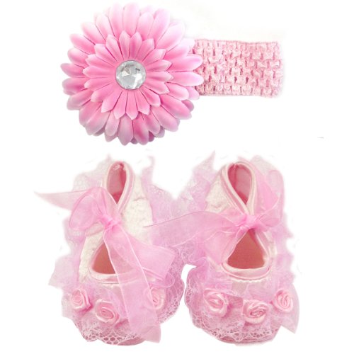 Wrapables Floral and Lace Keepsake Shoes and Headband Set, Size 12, Pink
