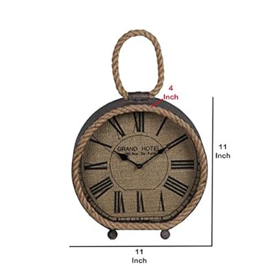 Benjara Round Metal Table Clock with Rope Edges and Handle, Gray and Brown 41bkMCc38QL