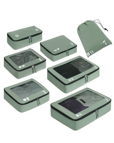 ECOHUB Packing Cubes for Suitcases, 7 Pieces, Travel Organiser, Packing Bags, Recycled PET Eco-Friendly, Travel Accessories, Shoe Bags for Travel, Storage Bag, Luggage Organiser, Travel Bag (Green)