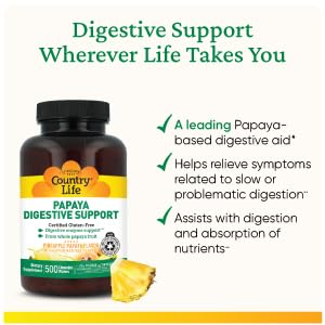 Country Life Chewable Papaya Enzymes for Digestion Support - Natural Pineapple & Papaya Flavor, Assists with Nutrient Absorption, Contains Papain & Protease - 200 and 500 Wafers Available | Chewable, Digestion Support, Assists Nutrient Absorption, Contains Papain & Protease