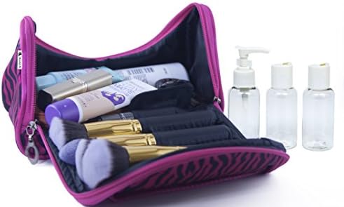 Travel Toiletry Cosmetic Makeup Organizer Bag Comes With 3PC Travel Bottle Set Makeup bag Zebra Cosmetic Case Toiletry Bags Travel Storage Organizer ( 8x5x4 inches, Pink Fuchsia Zebra)