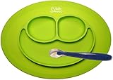 No More Dining Mess - Baby Feeding One-Piece Mini Happy Face Placemat and Plate with First Step Spoon By BaBy ANiGO - 100% Food Grade BPA Free & FDA Approved Silicone - Anti Spill Surface Suction