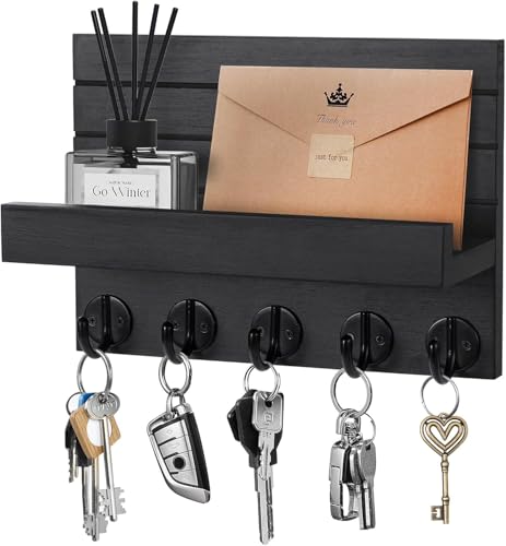 Kldgris Key Rack with Shelf, Decorative Wooden Wall Shelf, Key Rack Wood Black, with 5 Key Hooks, for Entrance, Hallway, Bedroom, Living Room