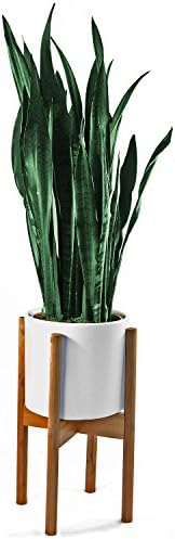 FOX & FERN Mid-Century Modern Plant Stand - Adjustable Width 9" up to 12" - Bamboo - INCLUDING 9" White Ceramic Planter Pot …