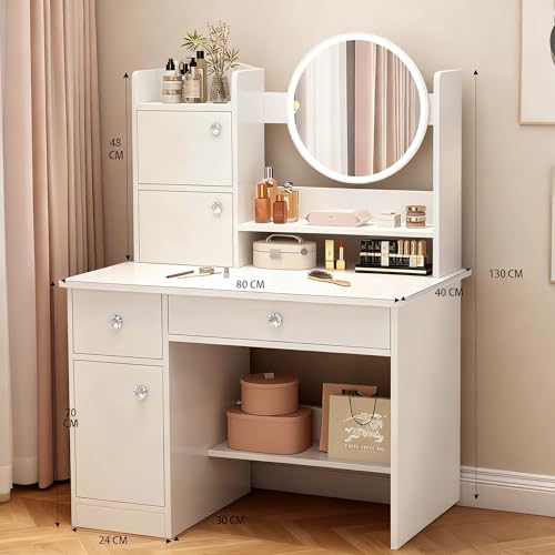 Vabches Tocador con Luces LED Regulables, Mesa de Maquillaje con 2 cajones, 3 Puertas y 1 Estante, Espejo de Pantalla táctil con iluminación Regulable,Tocador para Dormitorio(Blanco)