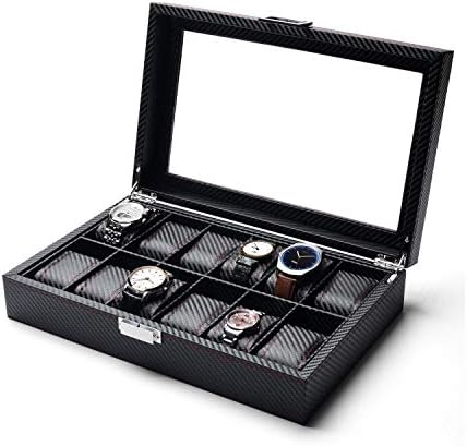 TWING Watch Box 12 Watch Display Case Mens Watch Organizer Case with Key&Lock, Black with Glass Top