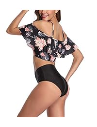 Hantaostyle traje de baño para dama de dos piezas con hombros descubiertos y volantes con parte superior de bikini con parte inferior de cintura alta