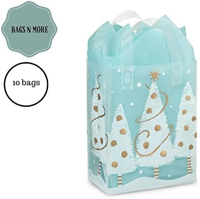 Christmas Holiday Plastic Shopping Gift Bags with Handles Bulk, for Retail Merchandising, Boutique Clear 10x8x5" (10, Gold Trimmed Tree)