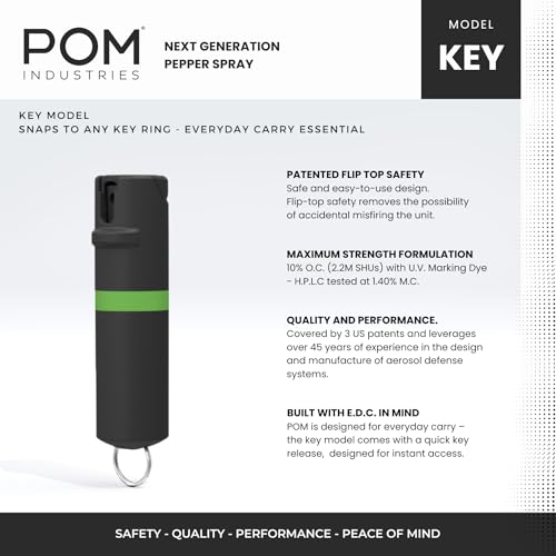 POM Premium Pepper Spray Keychain, Quick Release Access Flip Top Safety, Police Grade OC Formula with UV Marking Dye, 25 Precision Bursts, 10 Foot Effective Range, Made in USA