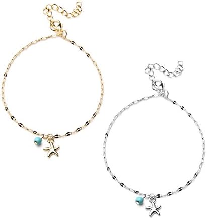 INSANEY 2 Pcs Anklets For Women Anklet Starfish Charms Chain Foot Beach Jewelry Charm Ankle Bracelets Women Jewelry (2 Pcs- Turquoise Starfish)