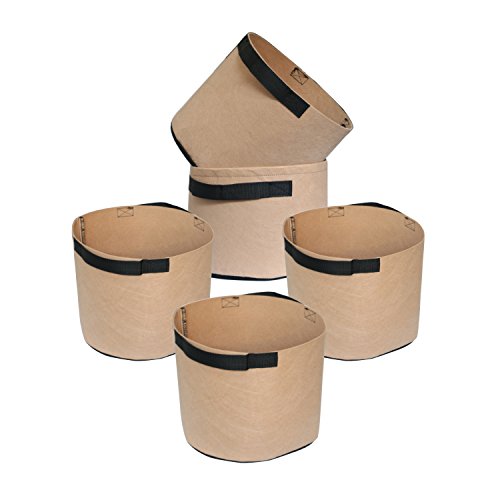 HONGVILLE 5-Pack Grow Bags/Aeration Fabric Pots w/Handles (2-Gallons, Tan)