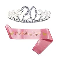 B4MBOO 20th Birthday Party Decoration Kit, 20th Birthday Tiara and Cute Unicorn Pink Satin Sash, Happy 20st Birthday Party Supplies, Birthday Crown (Tiara+Sash)