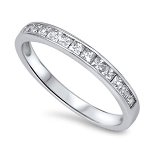 Half Eternity Band Ring Wedding Engagement Princess Cut Square Invisible Cubic Zirconia 925 Sterling Silver 5-12