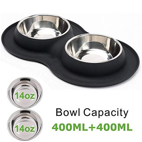 Roysili Double Dog Bowl Pet Feeding Station, Stainless Steel Water and Food Bowls with Non Skid Non Spill Silicone Mat, Premium Quality Dog Bowl Holder for Small Medium Dogs Cats Puppy (Small, Black)