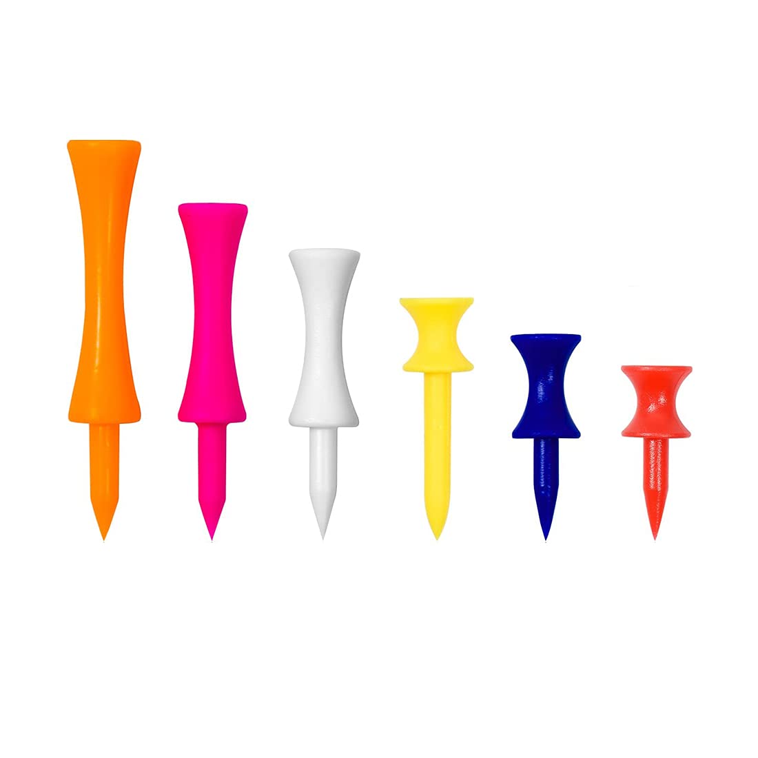 DOHAPPYS Golf Tees Plastic, 100pcs Professional Plastic Golf Tees, Durable Driver Tees, Different Height Golf Tees Mixed Size(31mm, 37mm, 43mm, 51mm, 57mm, 70mm)