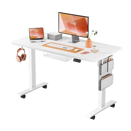 MAIDeSITe Height Adjustable Electric Lift Table, 120 x 60 cm Standing and Sitting Table with Cable Tray, Hook and Storage Pockets, Lift Table with Memory Controller