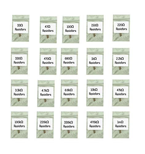 1/4w Carbon Film Resistor Kit - 33 Ohm to 1m (megaohm) - Assortment of 200 pcs 0.25w Resistors 33Ω 47Ω 100Ω 150Ω 220Ω 330Ω 470Ω 680Ω 1kΩ 2.2kΩ 3.3kΩ 4.7kΩ 6.8kΩ 10kΩ 47kΩ 100kΩ 220kΩ 330kΩ 470kΩ 1mΩ