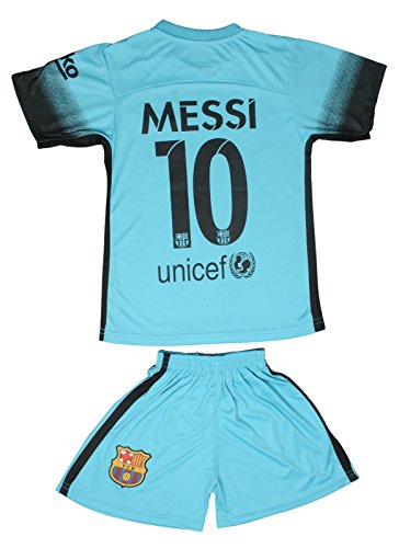 2015/2016 Barcelona Turquoise Blue Messi #10 Kids Soccer Jersey & Short