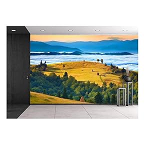 Digital Artwork in Watercolor Painting Style. Rural Landscape Against The Foggy Mountains - Removable Wall Mural | Self-Adhesive Large Wallpaper - 66x96 inches