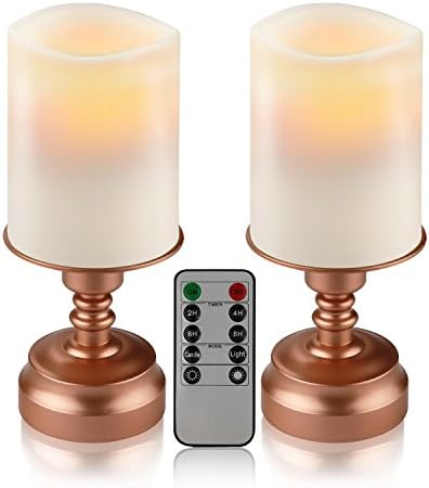 Set of 2 7" Flameless LED Battery operated Candles Ivory Color with Remote 24-hour Timer Function in Bronze Base