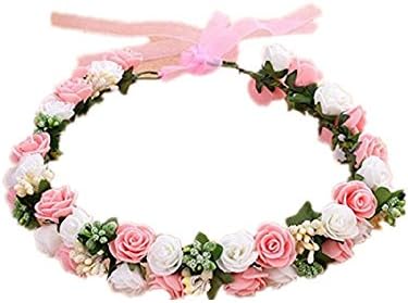 bestwishes2u Flower Wreath Headband Floral Crown Garland Halo with Floral Wrist Band for Wedding Festivals