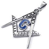 KONOV Mens Freemason Masonic Stainless Steel Pendant Necklace, Blue, 24 inch Chain