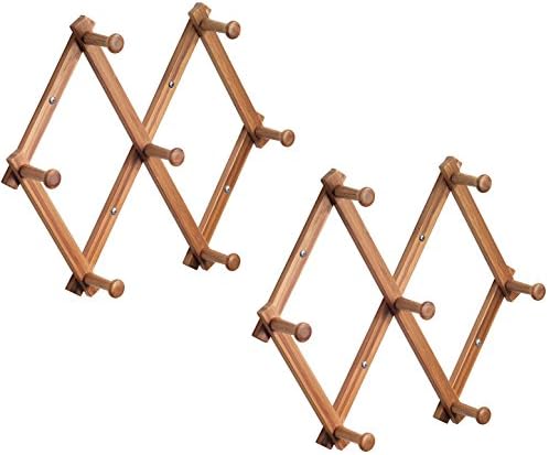 Wall Mount Accordion Style Expanding Storage Rack – 7 pegs Hanging Hooks for Jackets, Coats, Hats, Scarves and Mugs Sturdy Natural Bamboo (2 Racks)