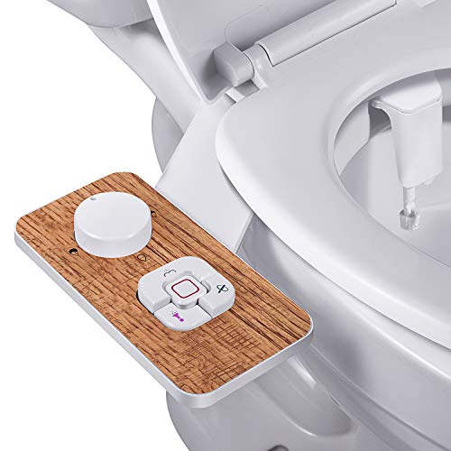 Bidet Attachment - SAMODRA Non-Electric Cold Water Bidet Toilet Seat Attachment with Pressure Controls,Retractable Self-Cleaning Dual Nozzles for Frontal & Rear Wash - Wood Grain