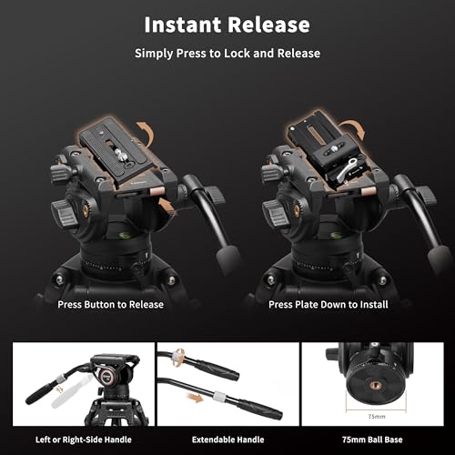 Cayer Video Fluid Head with Quick Release Plate, Telescopic Handle Scaled Base for Mirrorless, Video Cameras and DSLRS, Compatible with Gimbal Plate for dji RS Series, K6 | Metal housing, adjustable tray handle, smooth fluid movement, support dual mode, for camcorder